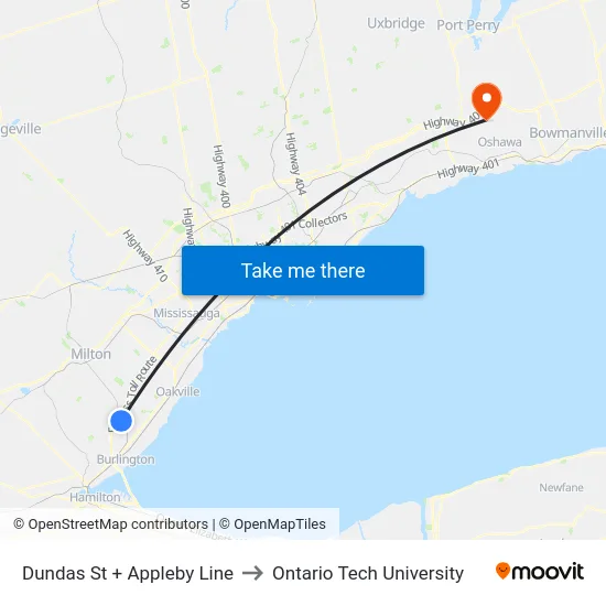 Dundas St + Appleby Line to Ontario Tech University map