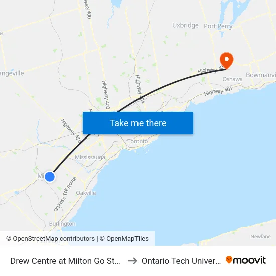 Drew Centre at Milton Go Station to Ontario Tech University map