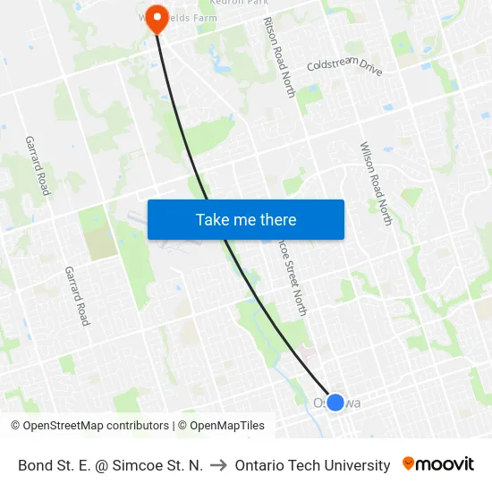 Bond St. E. @ Simcoe St. N. to Ontario Tech University map