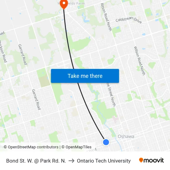 Bond St. W. @ Park Rd. N. to Ontario Tech University map