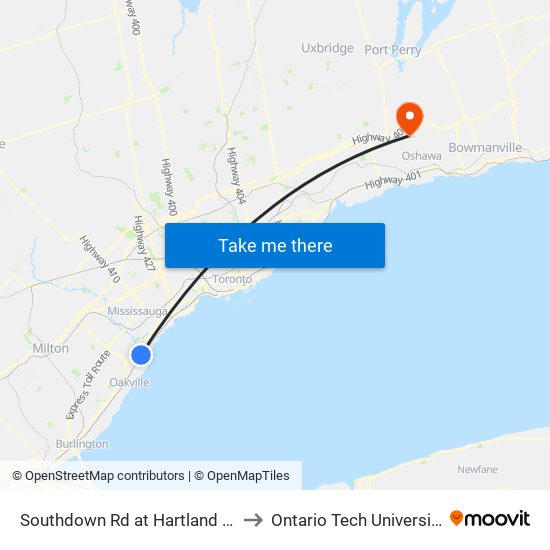 Southdown Rd at Hartland Dr to Ontario Tech University map