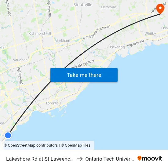 Lakeshore Rd at St Lawrence Dr to Ontario Tech University map