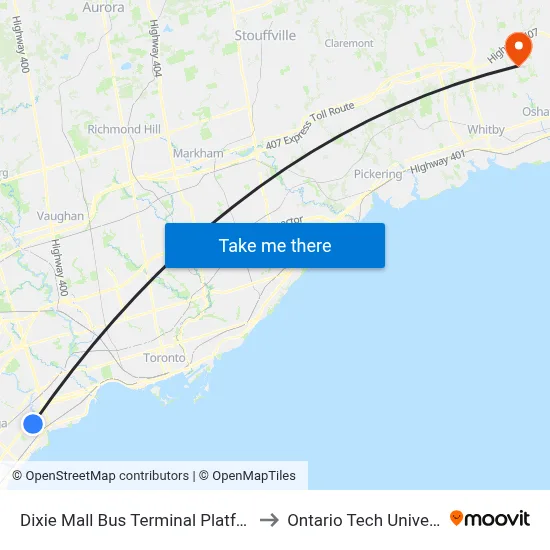 Dixie Mall Bus Terminal Platform B to Ontario Tech University map