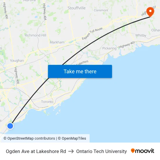 Ogden Ave at Lakeshore Rd to Ontario Tech University map
