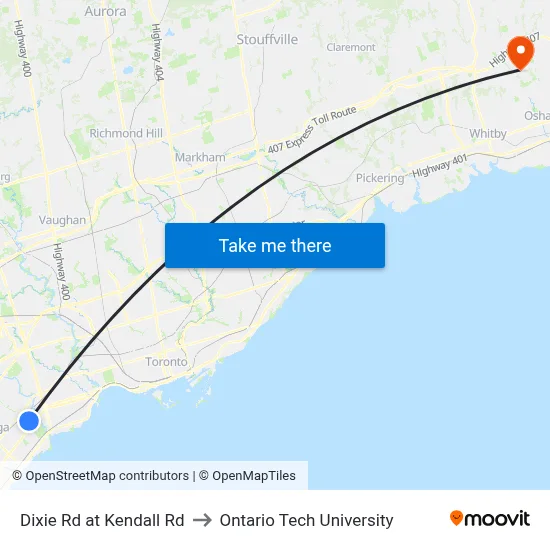 Dixie Rd at Kendall Rd to Ontario Tech University map