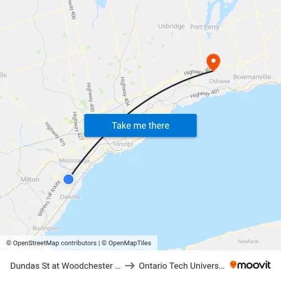 Dundas St at Woodchester Dr to Ontario Tech University map