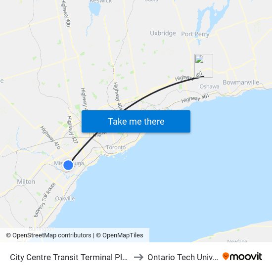 City Centre Transit Terminal Platform K to Ontario Tech University map