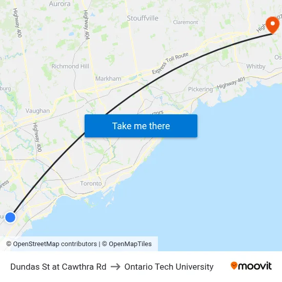 Dundas St at Cawthra Rd to Ontario Tech University map