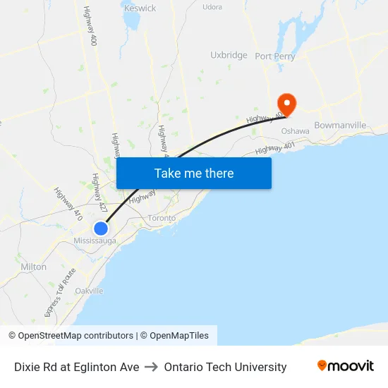Dixie Rd at Eglinton Ave to Ontario Tech University map