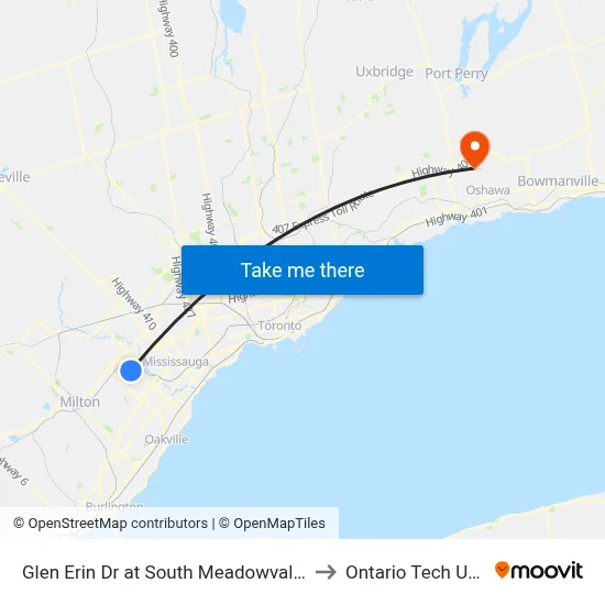 Glen Erin Dr at South Meadowvale Town Ctr Cir to Ontario Tech University map