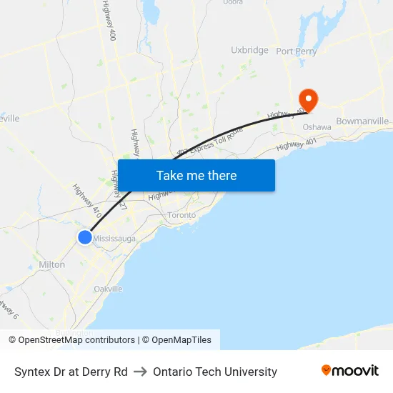 Syntex Dr at Derry Rd to Ontario Tech University map