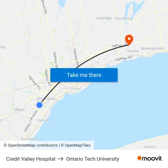 Credit Valley Hospital to Ontario Tech University map