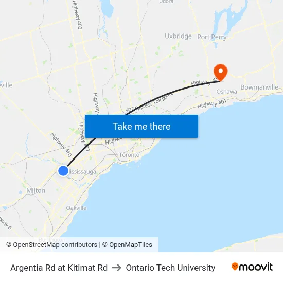 Argentia Rd at Kitimat Rd to Ontario Tech University map