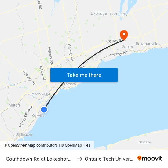 Southdown Rd at Lakeshore Rd to Ontario Tech University map
