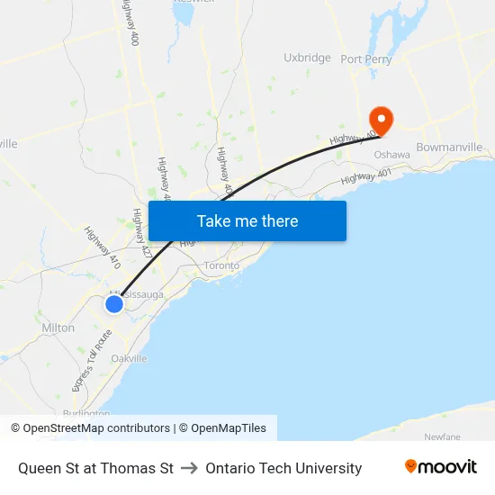 Queen St at Thomas St to Ontario Tech University map