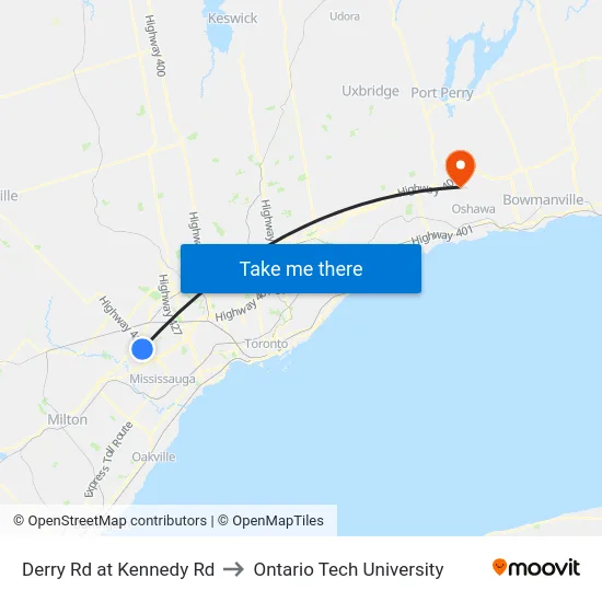 Derry Rd at Kennedy Rd to Ontario Tech University map
