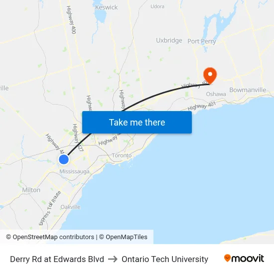 Derry Rd at Edwards Blvd to Ontario Tech University map