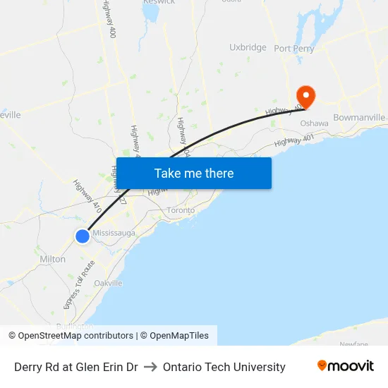 Derry Rd at Glen Erin Dr to Ontario Tech University map
