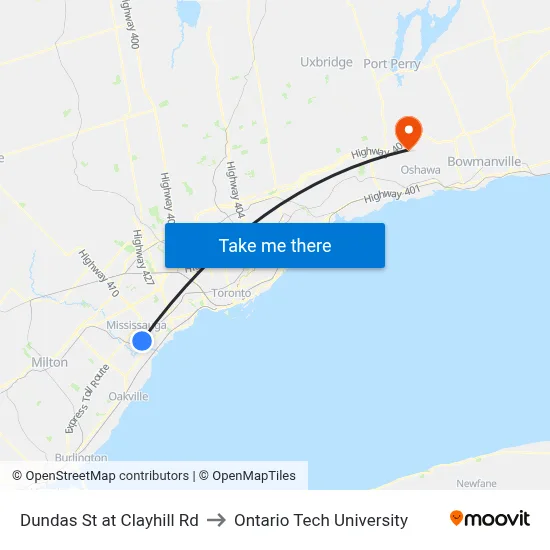Dundas St at Clayhill Rd to Ontario Tech University map