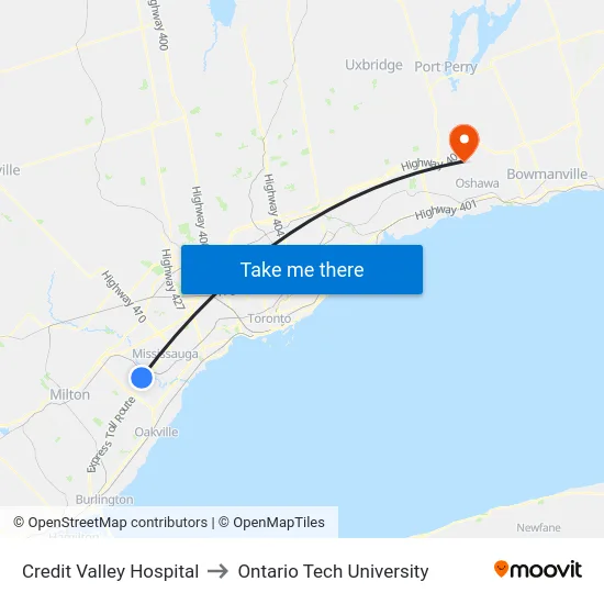 Credit Valley Hospital to Ontario Tech University map