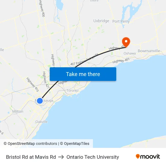 Bristol Rd at Mavis Rd to Ontario Tech University map