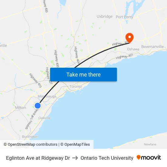 Eglinton Ave at Ridgeway Dr to Ontario Tech University map
