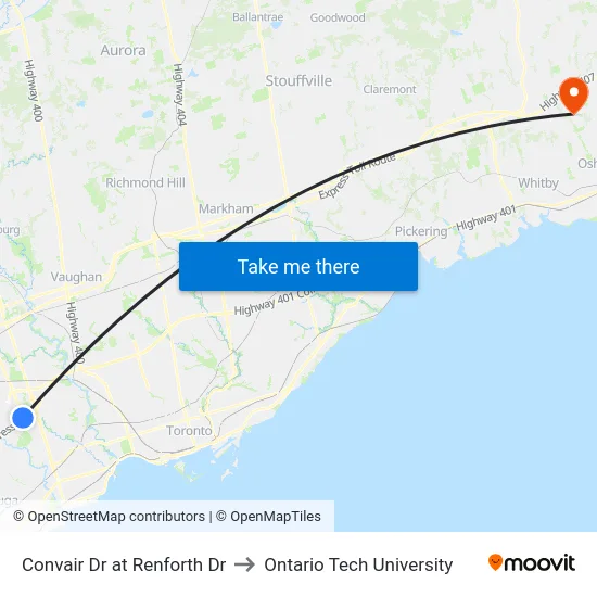 Convair Dr at Renforth Dr to Ontario Tech University map