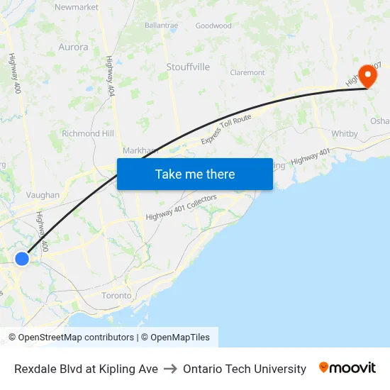 Rexdale Blvd at Kipling Ave to Ontario Tech University map