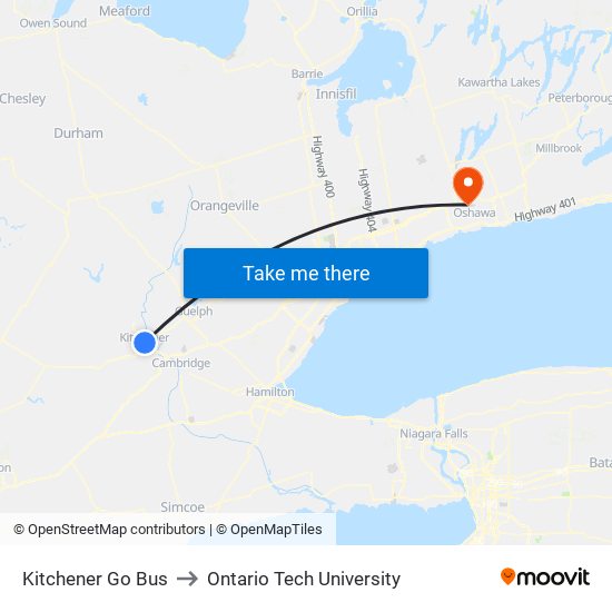 Kitchener Go Bus to Ontario Tech University map