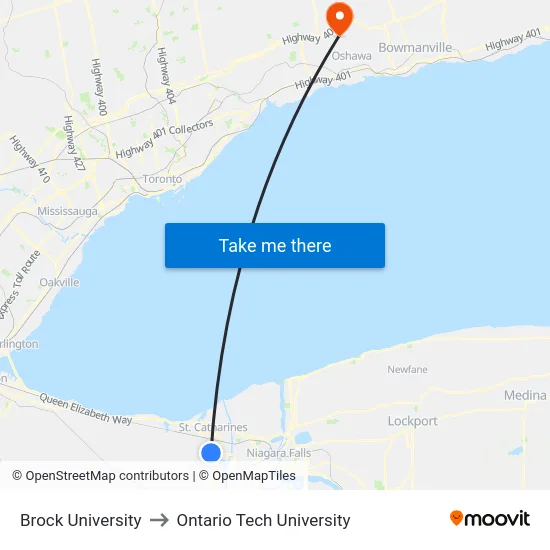 Brock University to Ontario Tech University map