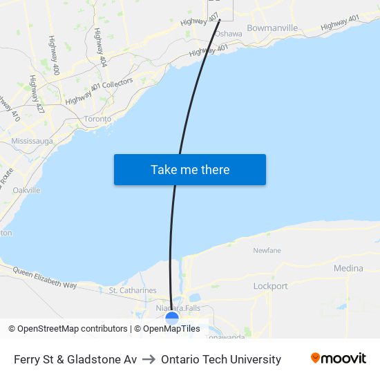 Ferry St & Gladstone Av to Ontario Tech University map