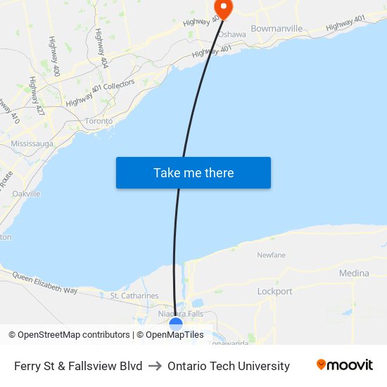 Ferry St & Fallsview Blvd to Ontario Tech University map