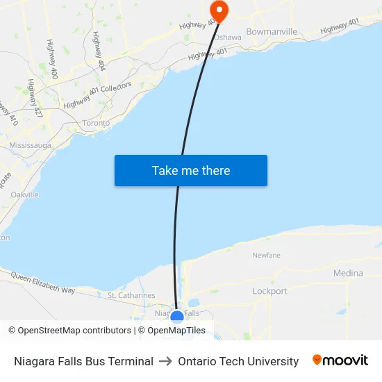 Niagara Falls Bus Terminal to Ontario Tech University map