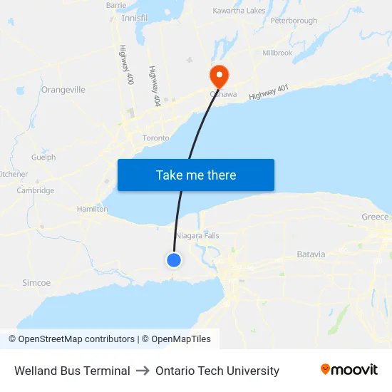Welland Bus Terminal to Ontario Tech University map