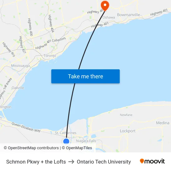 Schmon Pkwy + the Lofts to Ontario Tech University map