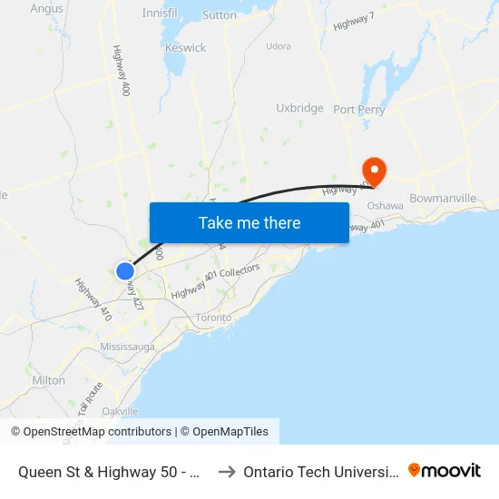 Queen St & Highway 50 - Wb to Ontario Tech University map