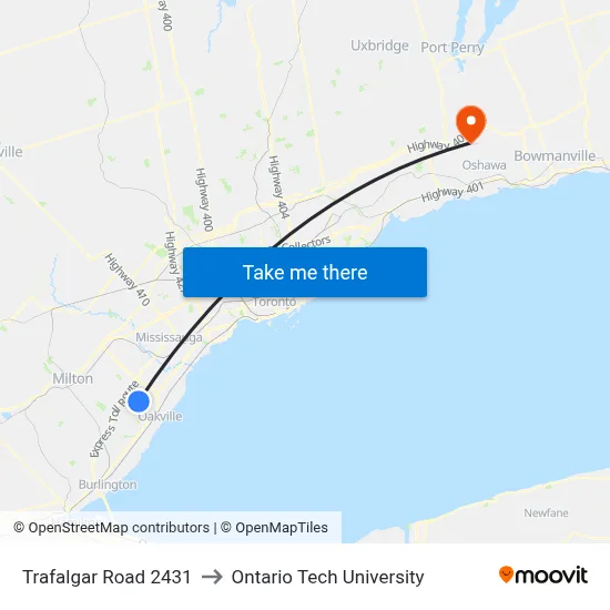 Trafalgar Road 2431 to Ontario Tech University map