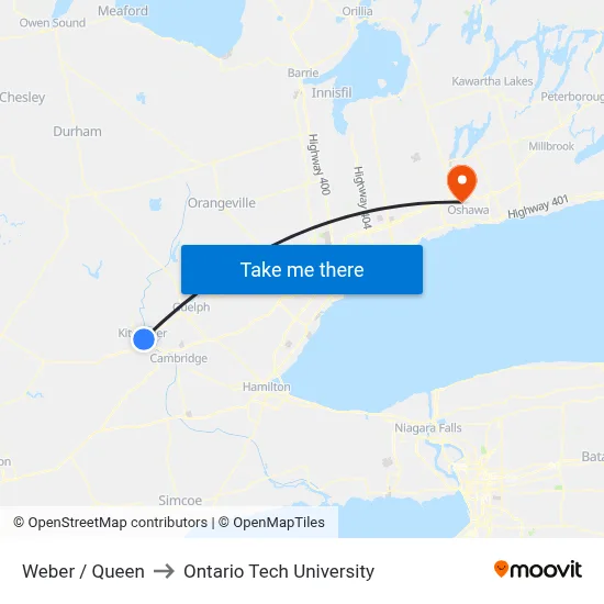 Weber / Queen to Ontario Tech University map
