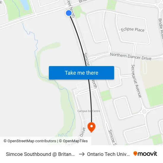 Simcoe Southbound @ Britannia Ave. to Ontario Tech University map