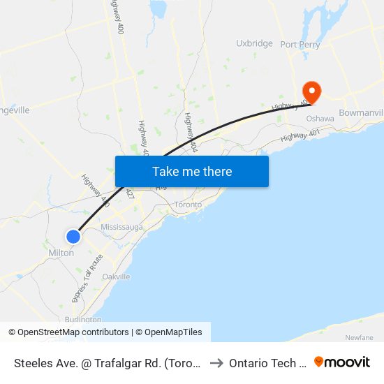 Steeles Ave. @ Trafalgar Rd. (Toronto Premium Outlets) to Ontario Tech University map