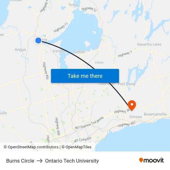 Burns Circle to Ontario Tech University map