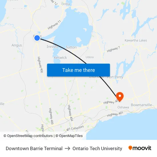 Downtown Hub to Ontario Tech University map