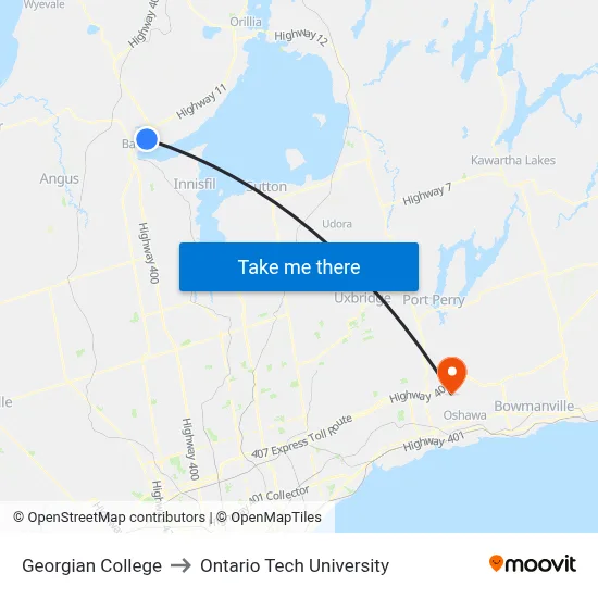Georgian College to Ontario Tech University map