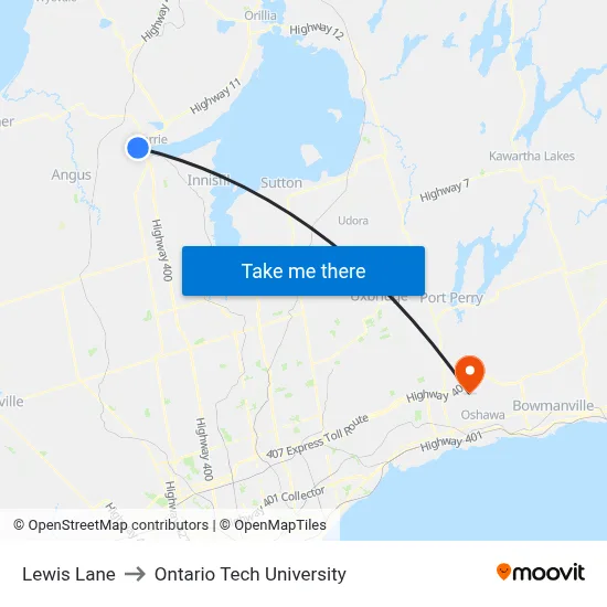 Lewis Lane to Ontario Tech University map