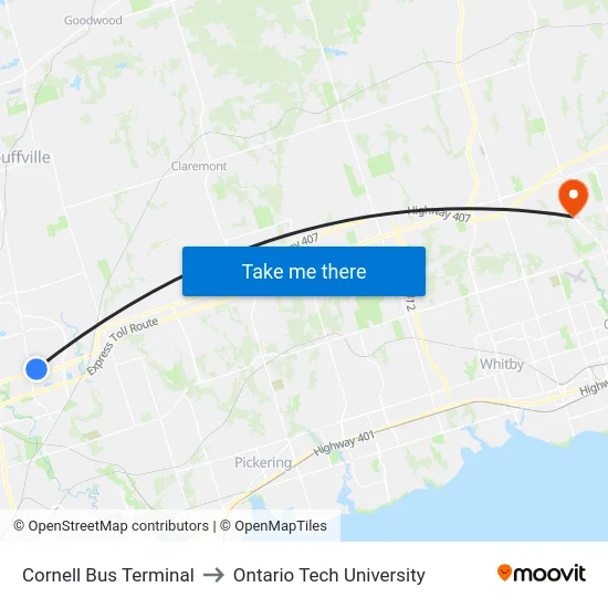 Cornell Bus Terminal to Ontario Tech University map