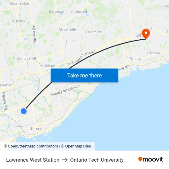 Lawrence West Station to Ontario Tech University map