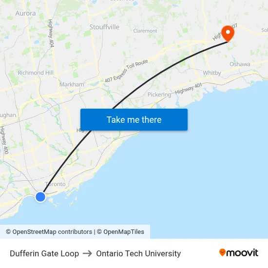 Dufferin Gate Loop to Ontario Tech University map