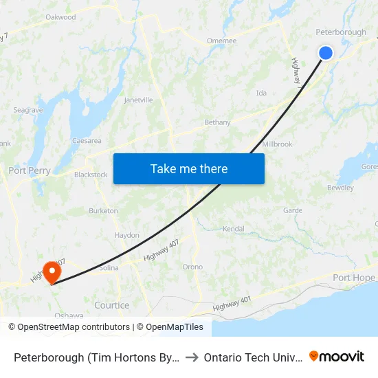 Peterborough (Tim Hortons Byersville) to Ontario Tech University map
