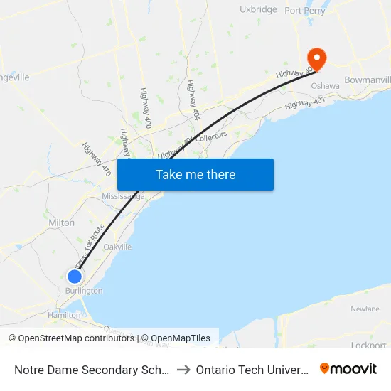 Notre Dame Secondary School to Ontario Tech University map