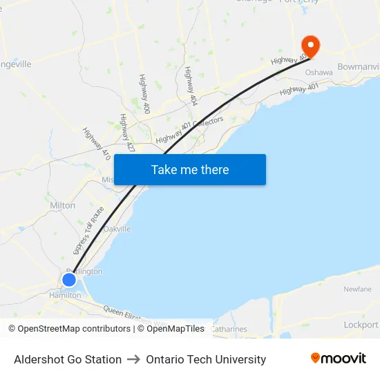Aldershot Go Station to Ontario Tech University map